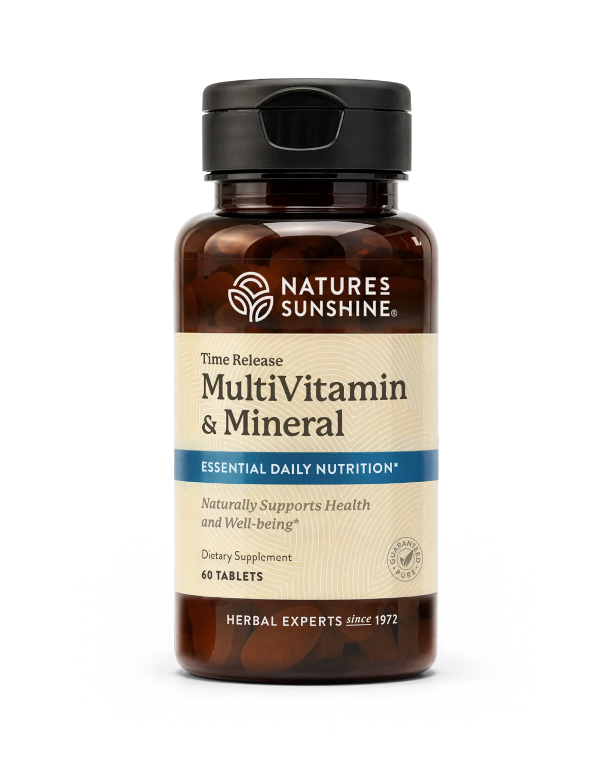 Nature's Sunshine Time Release MultiVitamin & Mineral dietary supplement bottle with a black cap and beige label, containing 60 tablets.