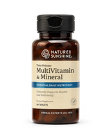 Nature's Sunshine Time Release MultiVitamin & Mineral dietary supplement bottle with a black cap and beige label, containing 60 tablets.