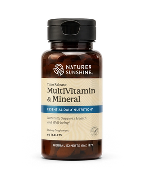 Nature's Sunshine Time Release MultiVitamin & Mineral dietary supplement bottle with a black cap and beige label, containing 60 tablets.