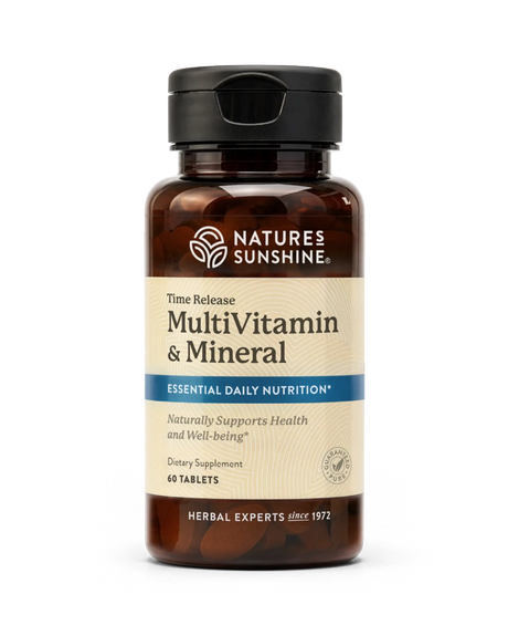 Nature's Sunshine Time Release MultiVitamin & Mineral dietary supplement bottle with a black cap and beige label, containing 60 tablets.