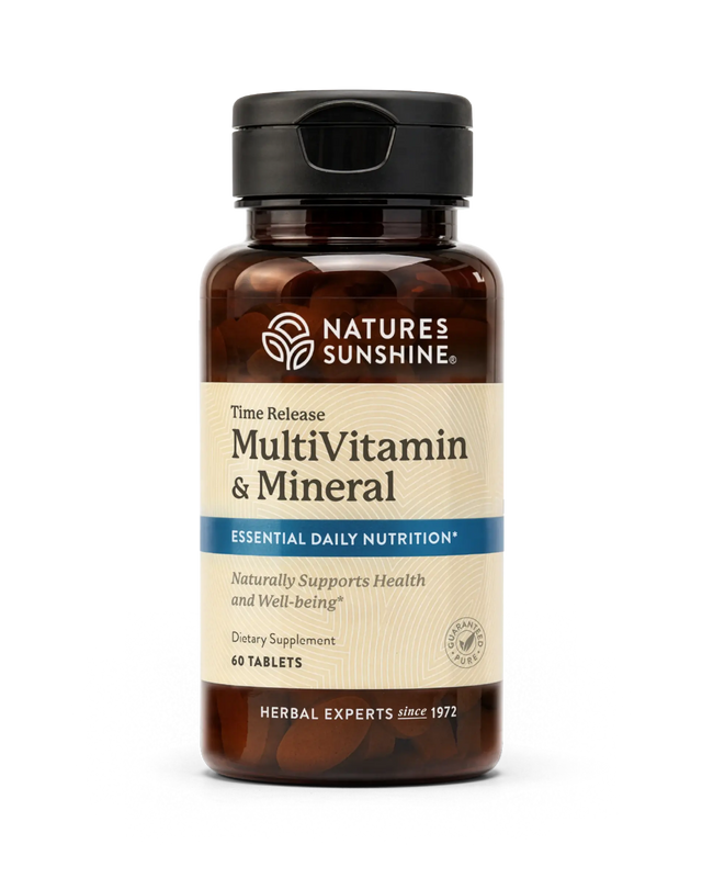 Nature's Sunshine Time Release MultiVitamin & Mineral dietary supplement bottle with a black cap and beige label, containing 60 tablets.