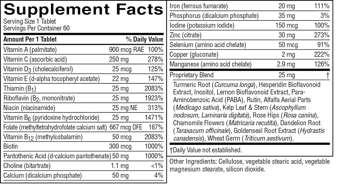 A supplement facts label with a white background, black text, and a table listing ingredients and daily values. The label includes vitamins, minerals, and a proprietary blend, with Turmeric Root and other botanical extracts listed as other ingredients.