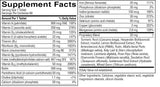 A supplement facts label with a white background, black text, and a table listing ingredients and daily values. The label includes vitamins, minerals, and a proprietary blend, with Turmeric Root and other botanical extracts listed as other ingredients.