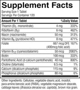 A black and white Supplement Facts label showing a list of vitamins and minerals with amounts and daily values, plus other ingredients at the bottom.