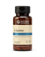 A bottle of Natures Sunshine L-Lysine dietary supplement with a black cap and a beige label, containing 100 vegcaps.