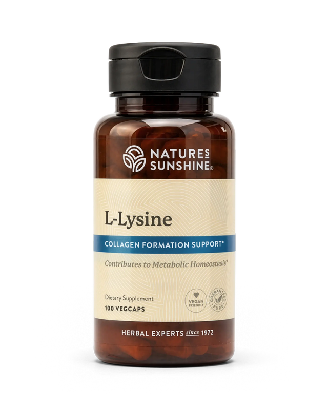 A bottle of Natures Sunshine L-Lysine dietary supplement with a black cap and a beige label, containing 100 vegcaps.