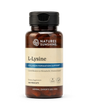 A bottle of Natures Sunshine L-Lysine dietary supplement with a black cap and a beige label, containing 100 vegcaps.