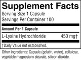 A close-up of a supplement facts label showing serving size 1 capsule, 100 servings per container, and L-Lysine Hydrochloride 450 mg. The label lists other ingredients including capsule, gelatin, water, cellulose, vegetable magnesium stearate, and silicon dioxide.