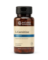A bottle of Nature's Sunshine L-Carnitine dietary supplement, containing 10 capsules, shown on a clean white background.
