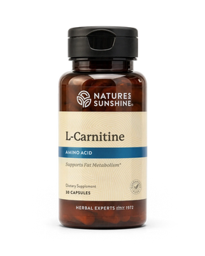 A bottle of Nature's Sunshine L-Carnitine dietary supplement, containing 10 capsules, shown on a clean white background.