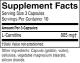 A black and white Supplement Facts label showing L-Carnitine content of 885 mg per 3 capsules, with serving size details and a list of other ingredients.