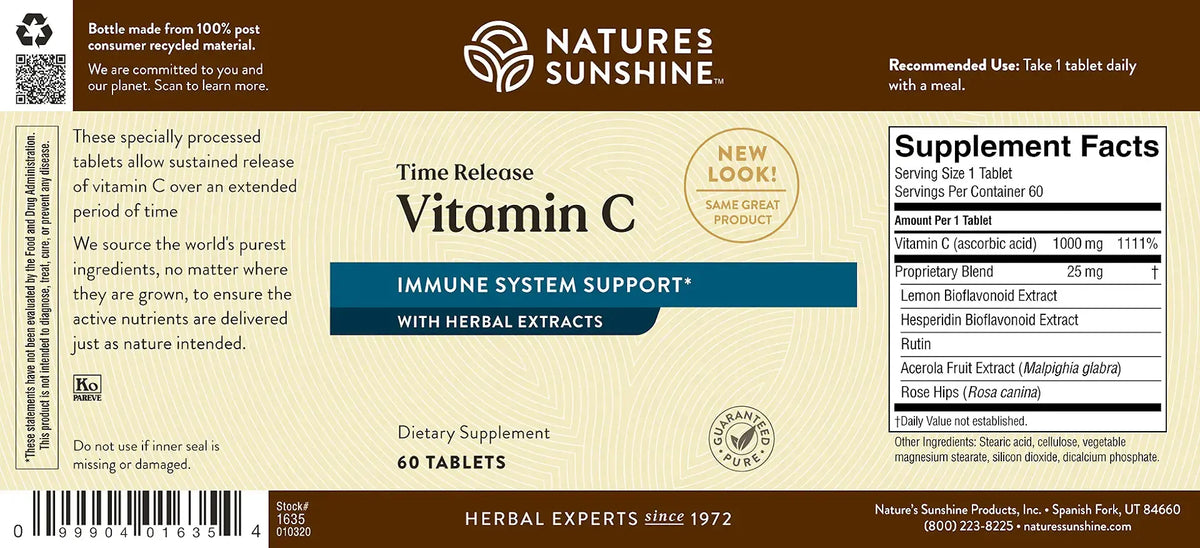 Front and back label of Nature's Sunshine Time Release Vitamin C dietary supplement tablets, showing product details, supplement facts, and ingredients on a beige background.