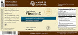 Front and back label of Nature's Sunshine Time Release Vitamin C dietary supplement tablets, showing product details, supplement facts, and ingredients on a beige background.
