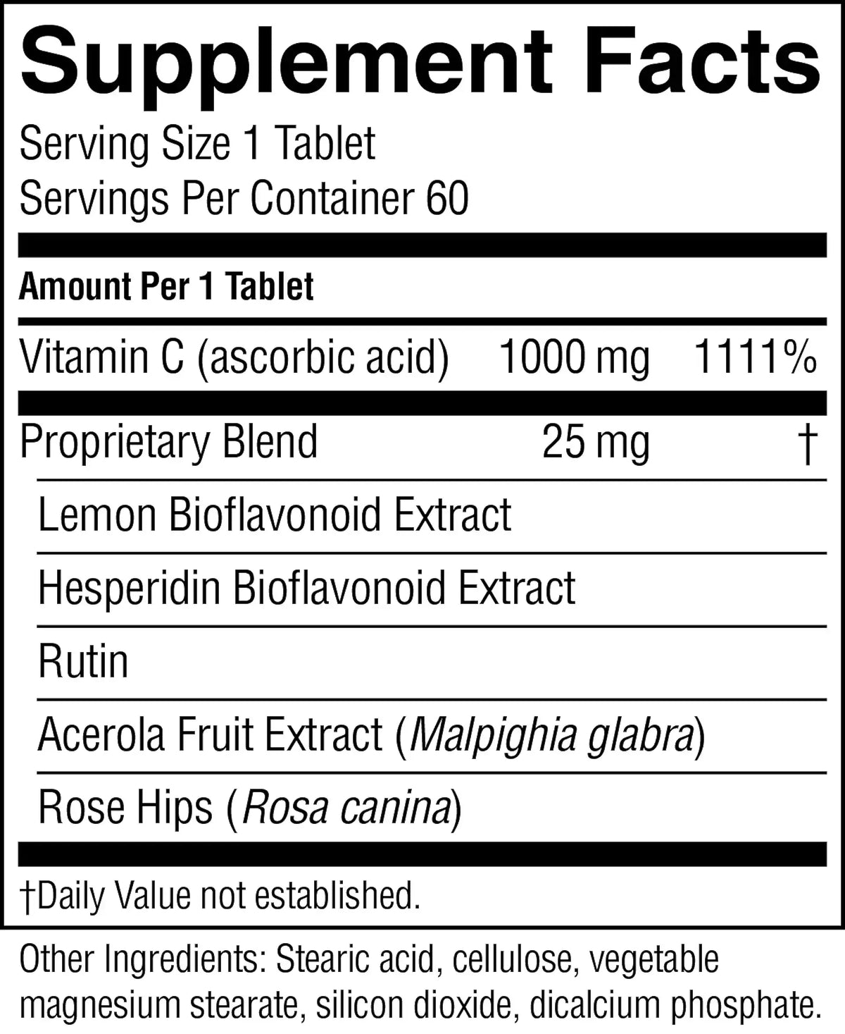 A close-up of a supplement facts label showing a serving size of 1 tablet, with listed ingredients including Vitamin C (ascorbic acid), Proprietary Blend, Lemon Bioflavonoid Extract, Hesperidin Bioflavonoid Extract, Rutin, Acerola Fruit Extract (Malpighia glabra), and Rose Hips (Rosa canina).