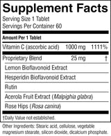 A close-up of a supplement facts label showing a serving size of 1 tablet, with listed ingredients including Vitamin C (ascorbic acid), Proprietary Blend, Lemon Bioflavonoid Extract, Hesperidin Bioflavonoid Extract, Rutin, Acerola Fruit Extract (Malpighia glabra), and Rose Hips (Rosa canina).