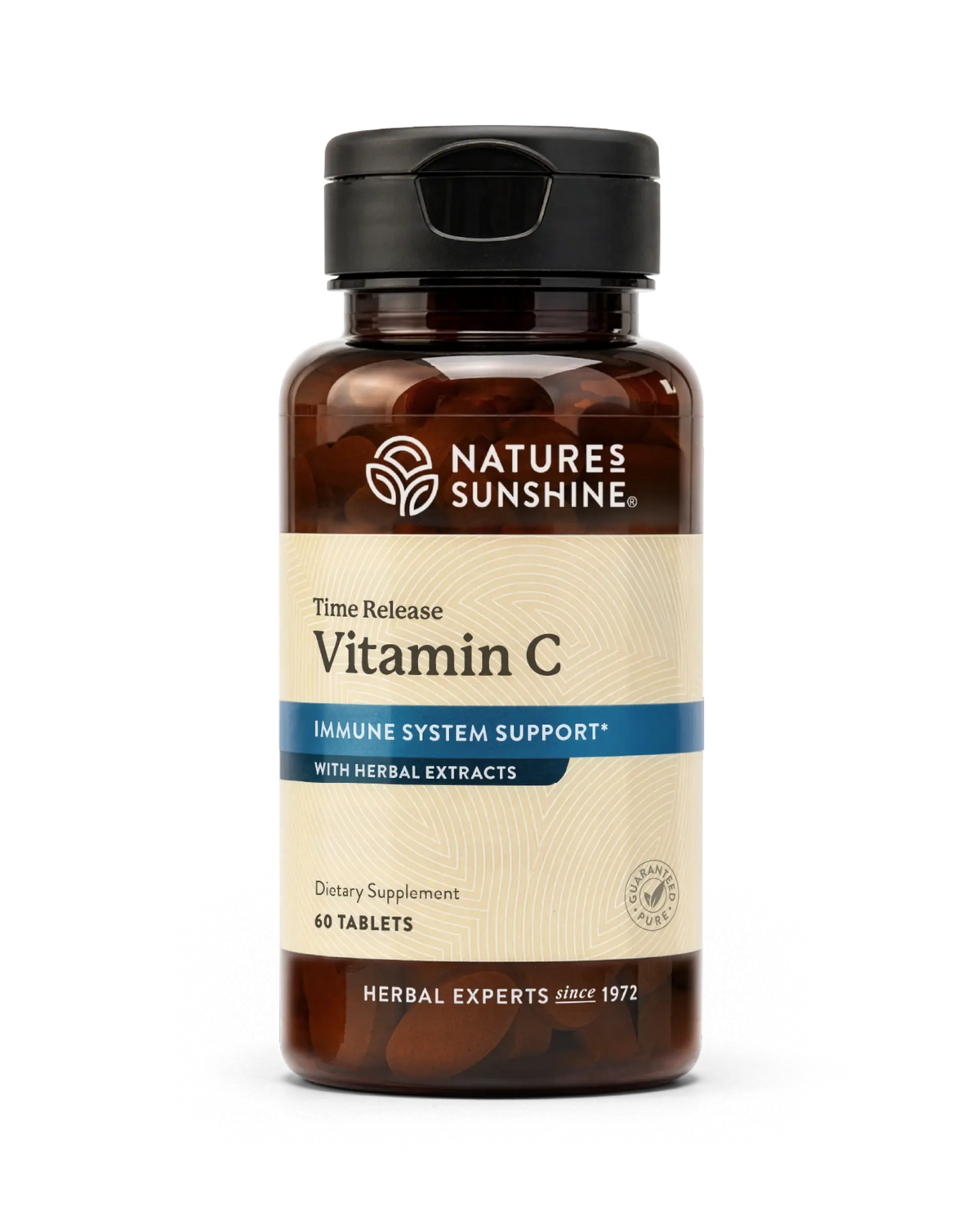 Nature's Sunshine Time Release Vitamin C dietary supplement bottle with amber glass and a black cap, shown on a white background.