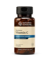 Nature's Sunshine Time Release Vitamin C dietary supplement bottle with amber glass and a black cap, shown on a white background.