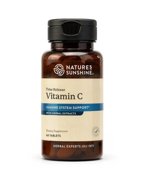Nature's Sunshine Time Release Vitamin C dietary supplement bottle with amber glass and a black cap, shown on a white background.
