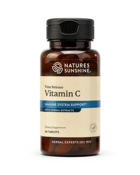 Nature's Sunshine Time Release Vitamin C dietary supplement bottle with amber glass and a black cap, shown on a white background.