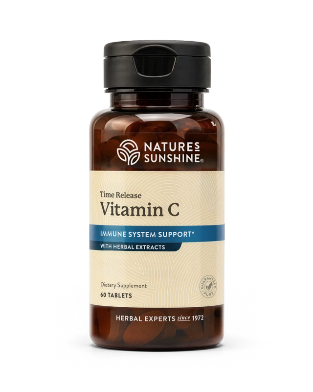 Nature's Sunshine Time Release Vitamin C dietary supplement bottle with amber glass and a black cap, shown on a white background.