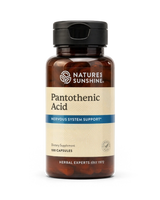 Nature's Sunshine Pantothenic Acid dietary supplement bottle, 100 capsules, on a white background.