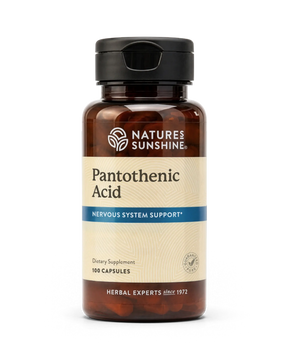 Nature's Sunshine Pantothenic Acid dietary supplement bottle, 100 capsules, on a white background.