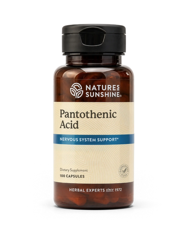 Nature's Sunshine Pantothenic Acid dietary supplement bottle, 100 capsules, on a white background.