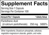 A Supplement Facts label showing pantothenic acid information for a supplement container. The label states serving size 1 capsule, servings per container 100, and lists pantothenic acid (d-calcium pantothenate) 250 mg with 5000% daily value.