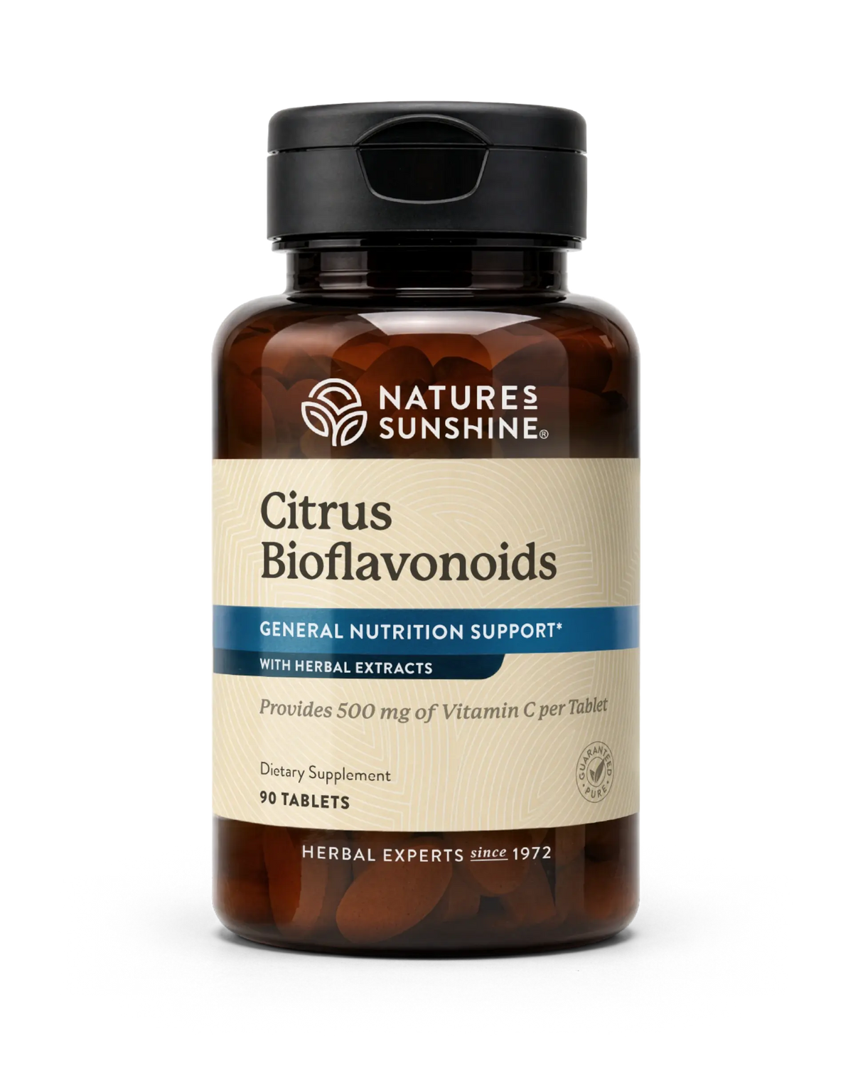 A bottle of Nature's Sunshine Citrus Bioflavonoids dietary supplement, containing 90 tablets, on a clean white background.