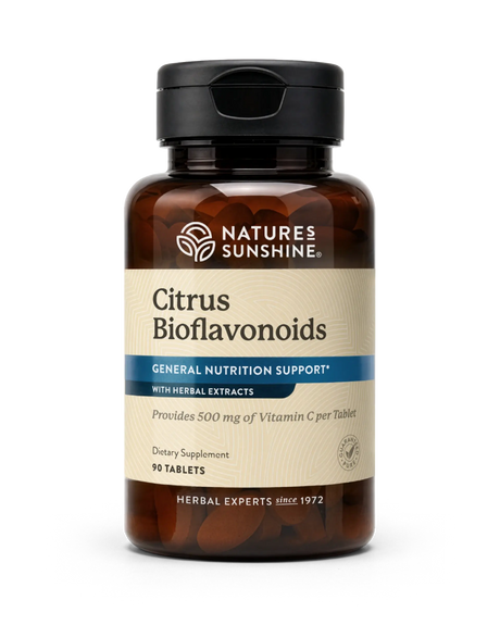 A bottle of Nature's Sunshine Citrus Bioflavonoids dietary supplement, containing 90 tablets, on a clean white background.