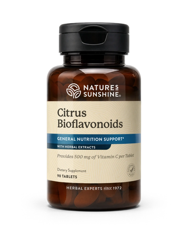 A bottle of Nature's Sunshine Citrus Bioflavonoids dietary supplement, containing 90 tablets, on a clean white background.