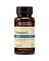 A bottle of Nature's Sunshine Vitamin E dietary supplement, 180 softgels, in an amber brown bottle with a black cap and a beige label.