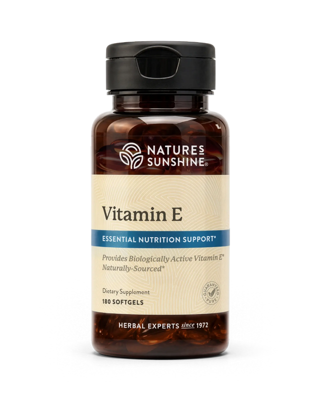 A bottle of Nature's Sunshine Vitamin E dietary supplement, 180 softgels, in an amber brown bottle with a black cap and a beige label.