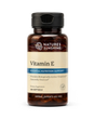 A bottle of Nature's Sunshine Vitamin E dietary supplement, 180 softgels, in an amber brown bottle with a black cap and a beige label.