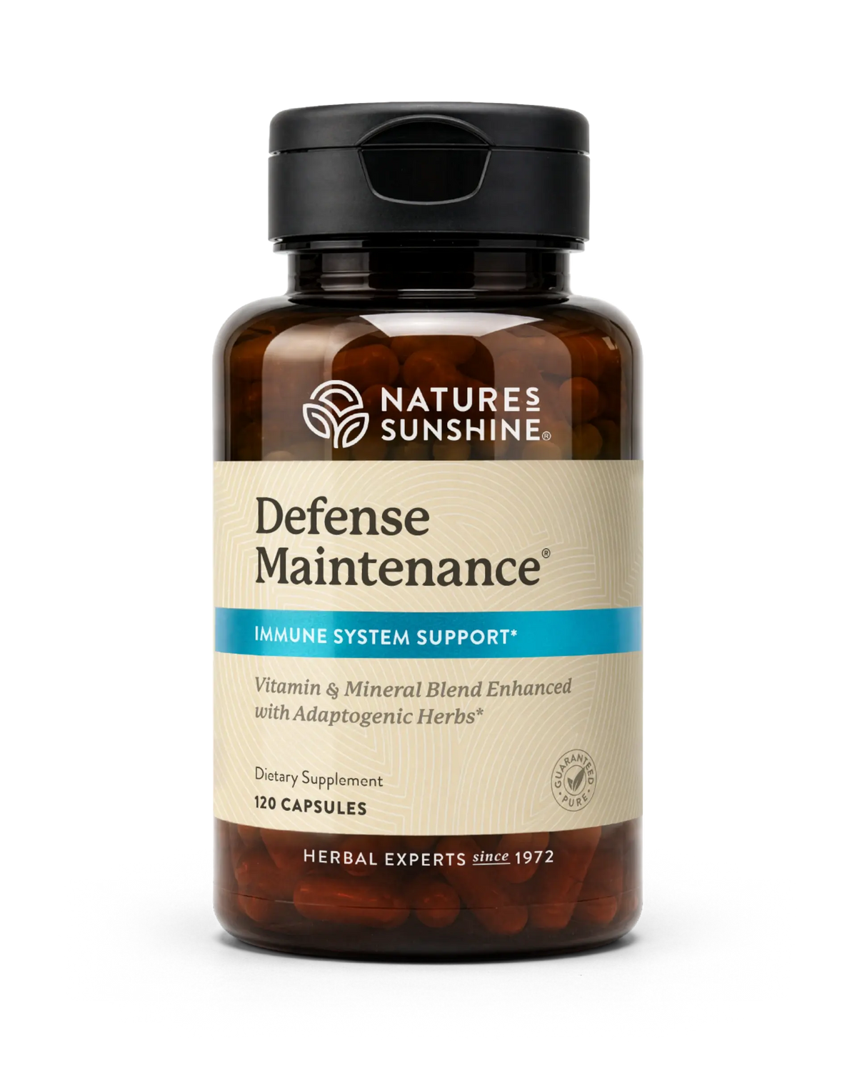 A bottle of Nature's Sunshine Defense Maintenance dietary supplement, featuring an amber brown bottle, a black cap, and a beige label with a blue accent stripe.