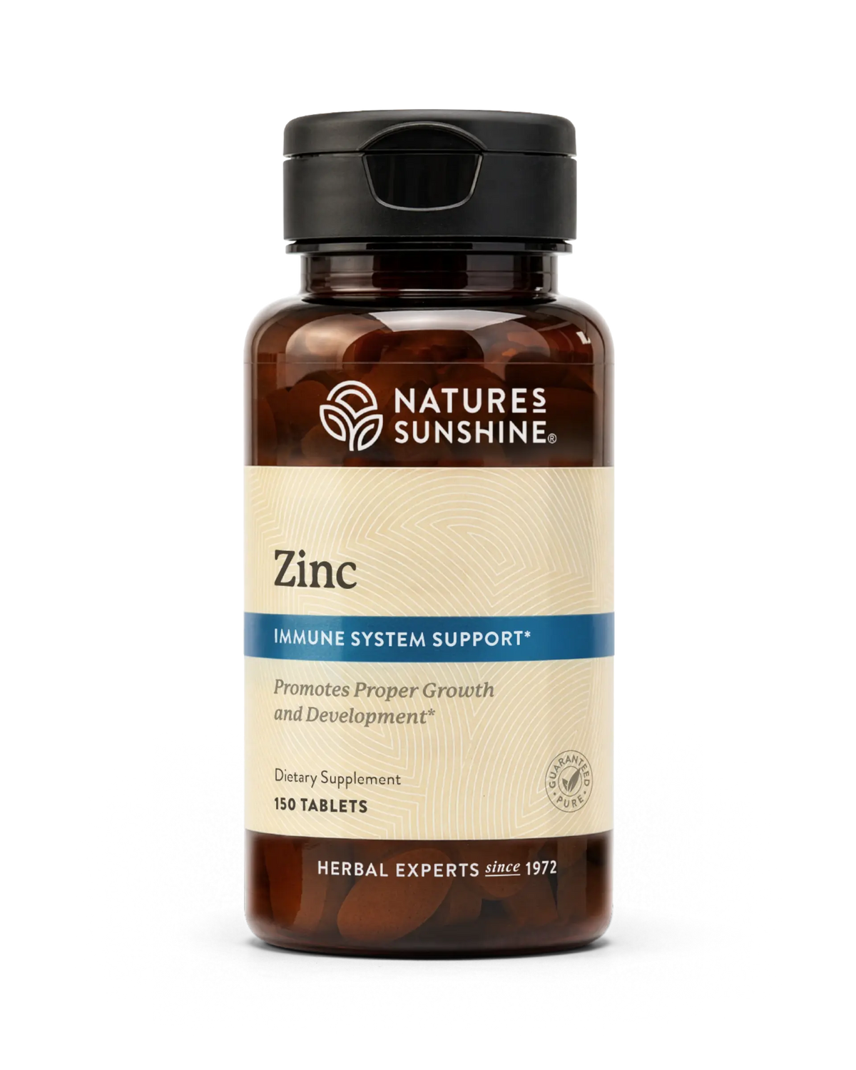 Nature's Sunshine Zinc dietary supplement bottle with amber plastic and a beige label, shown on a plain white background.