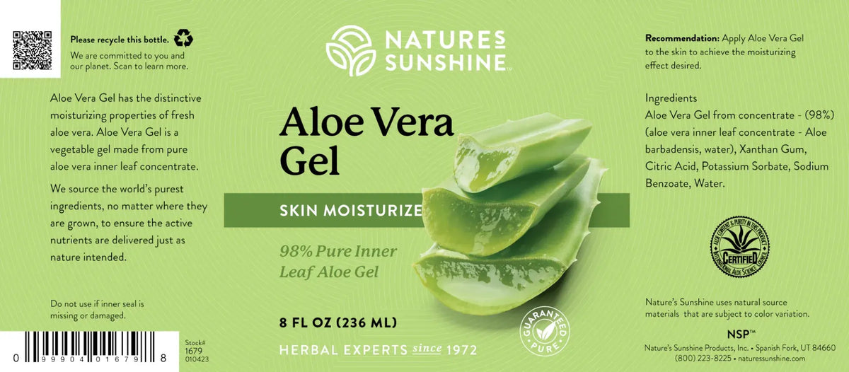 Natures Sunshine Aloe Vera Gel label with green background and aloe vera images.
