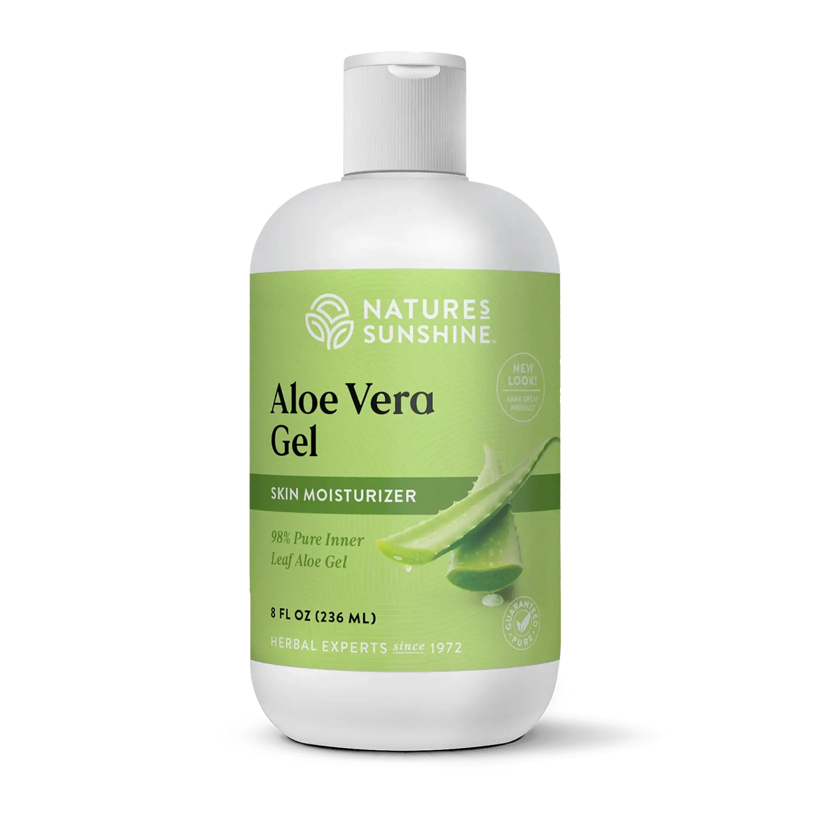 A bottle of Nature's Sunshine Aloe Vera Gel skin moisturizer, featuring a white bottle with a light green label and a white flip-top cap, set against a plain white background.