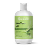 A bottle of Nature's Sunshine Aloe Vera Gel skin moisturizer, featuring a white bottle with a light green label and a white flip-top cap, set against a plain white background.