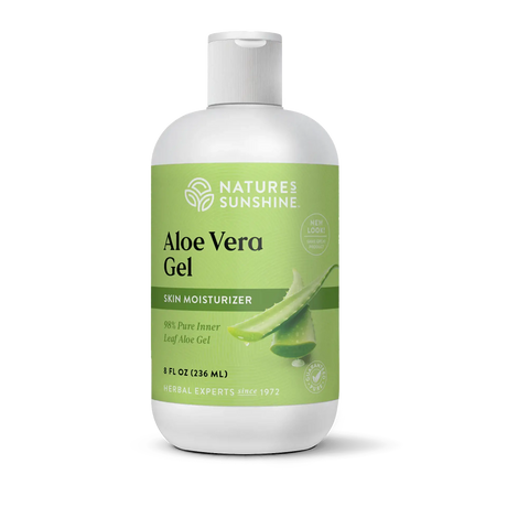 A bottle of Nature's Sunshine Aloe Vera Gel skin moisturizer, featuring a white bottle with a light green label and a white flip-top cap, set against a plain white background.
