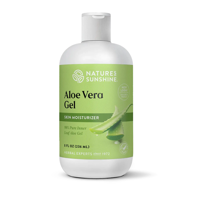 A bottle of Nature's Sunshine Aloe Vera Gel skin moisturizer, featuring a white bottle with a light green label and a white flip-top cap, set against a plain white background.