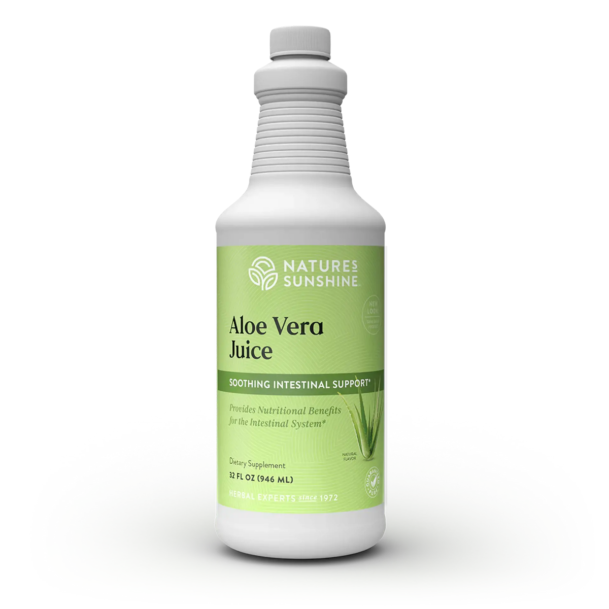 A 12 fl oz white bottle of Nature's Sunshine Aloe Vera Juice dietary supplement, featuring a light green label with white and dark green text, set against a plain white background with a soft shadow.