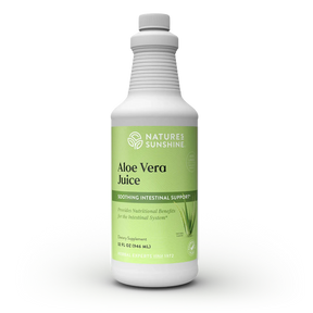 A 12 fl oz white bottle of Nature's Sunshine Aloe Vera Juice dietary supplement, featuring a light green label with white and dark green text, set against a plain white background with a soft shadow.
