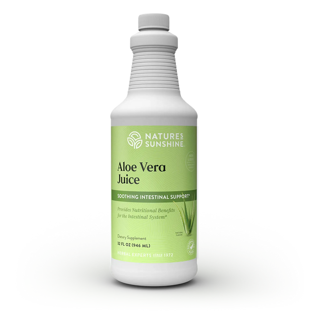 A 12 fl oz white bottle of Nature's Sunshine Aloe Vera Juice dietary supplement, featuring a light green label with white and dark green text, set against a plain white background with a soft shadow.