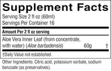 A close-up of a supplement facts label showing 'Supplement Facts' for Aloe Vera Inner Leaf, 60g, with serving size 2 fl oz (60ml) and other ingredients listed below.