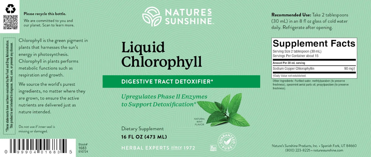 The back and front of a Nature's Sunshine Liquid Chlorophyll dietary supplement bottle label, showing product information, usage, a supplement facts panel, and a barcode on a light green background.
