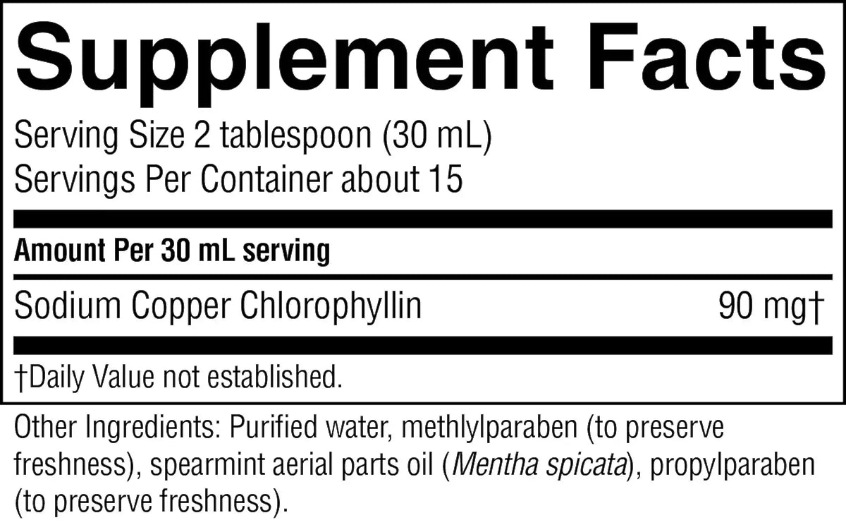Supplement facts label for Sodium Copper Chlorophyllin with serving size and container details.