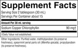 Supplement facts label for Sodium Copper Chlorophyllin with serving size and container details.