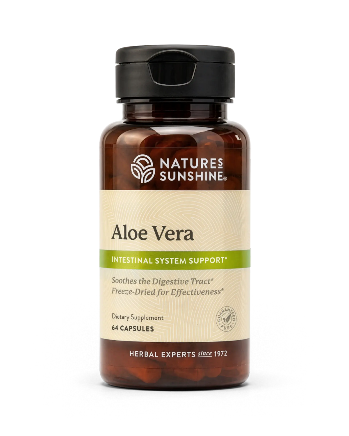 A bottle of Nature's Sunshine Aloe Vera dietary supplement with a black cap and a beige label, shown on a clean white background.