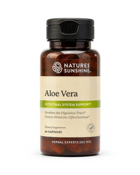 A bottle of Nature's Sunshine Aloe Vera dietary supplement with a black cap and a beige label, shown on a clean white background.